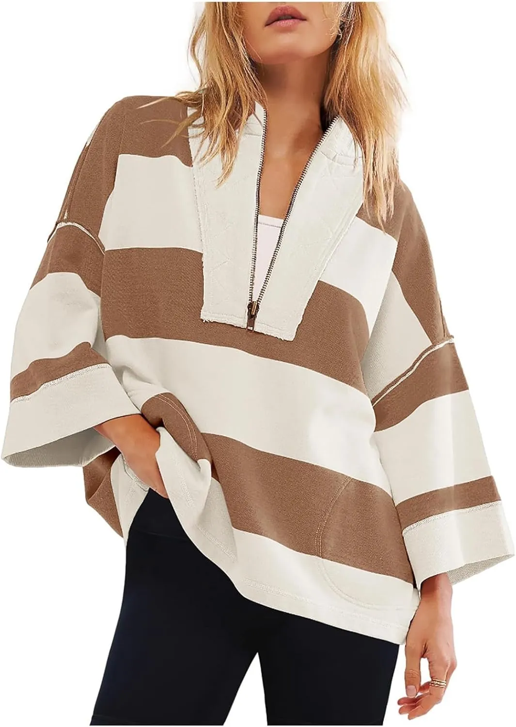 Oversized Half Zip Pullover Women Baggy Drop Shoulder Striped Sweatshirts Trendy Y2K Sweatshirt Fall Outfits w/Pocket