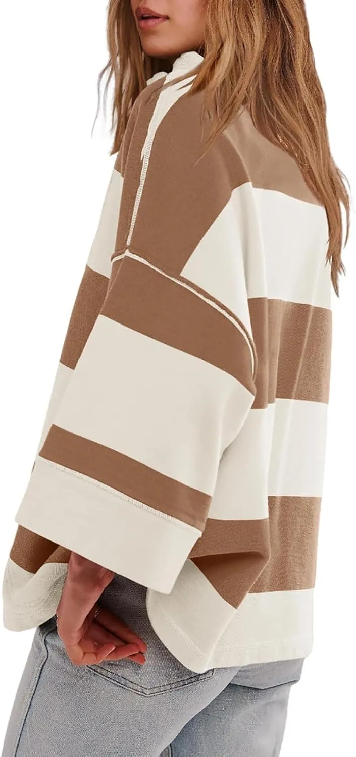 Oversized Half Zip Pullover Women Baggy Drop Shoulder Striped Sweatshirts Trendy Y2K Sweatshirt Fall Outfits w/Pocket