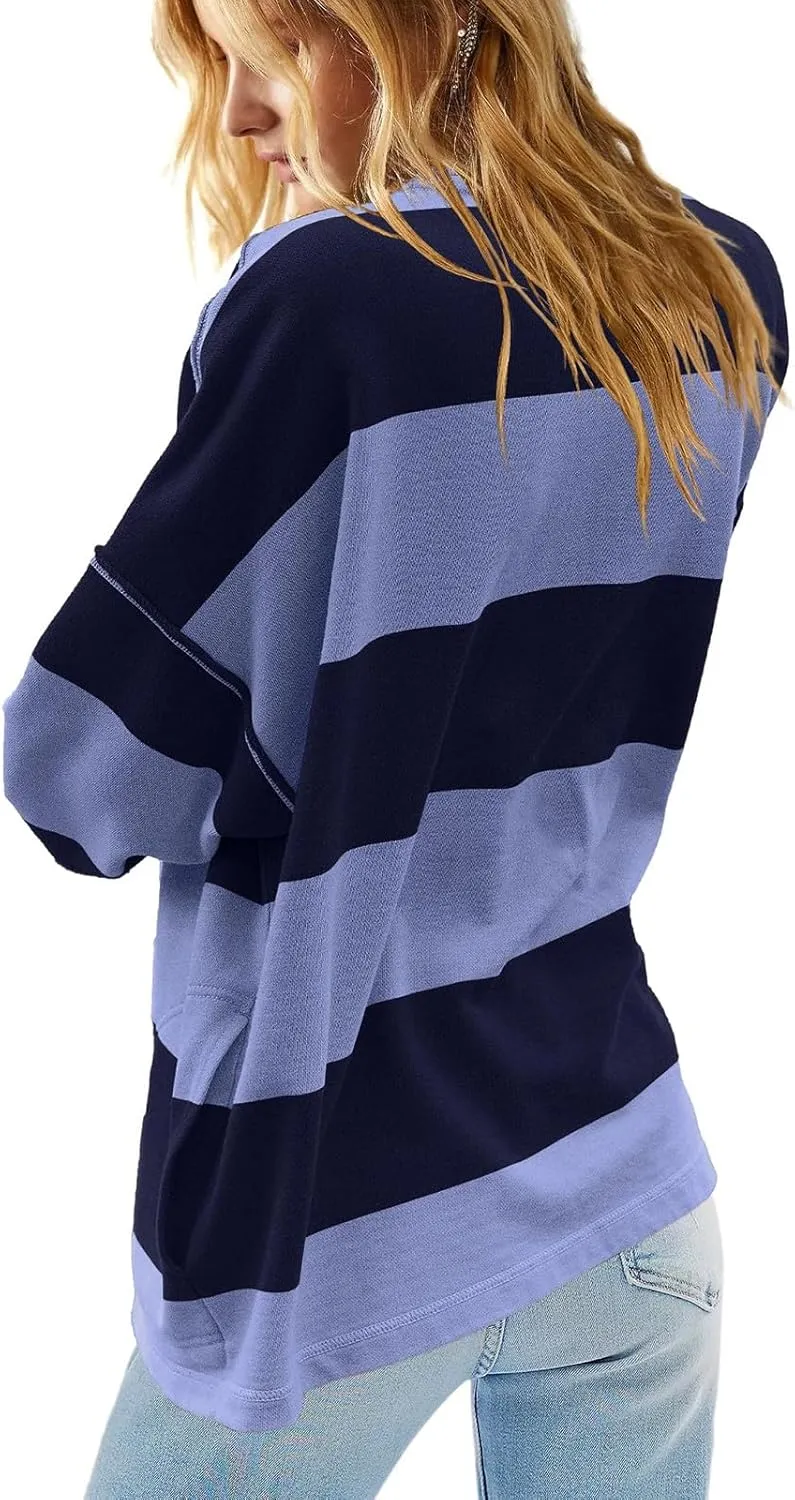 Oversized Half Zip Pullover Women Baggy Drop Shoulder Striped Sweatshirts Trendy Y2K Sweatshirt Fall Outfits w/Pocket