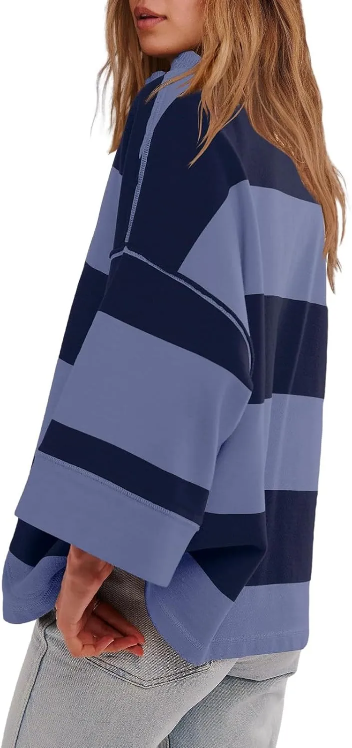 Oversized Half Zip Pullover Women Baggy Drop Shoulder Striped Sweatshirts Trendy Y2K Sweatshirt Fall Outfits w/Pocket
