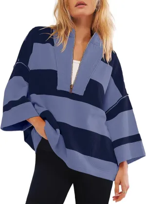 Oversized Half Zip Pullover Women Baggy Drop Shoulder Striped Sweatshirts Trendy Y2K Sweatshirt Fall Outfits w/Pocket