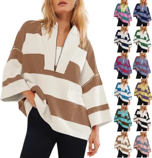Oversized Half Zip Pullover Women Baggy Drop Shoulder Striped Sweatshirts Trendy Y2K Sweatshirt Fall Outfits w/Pocket