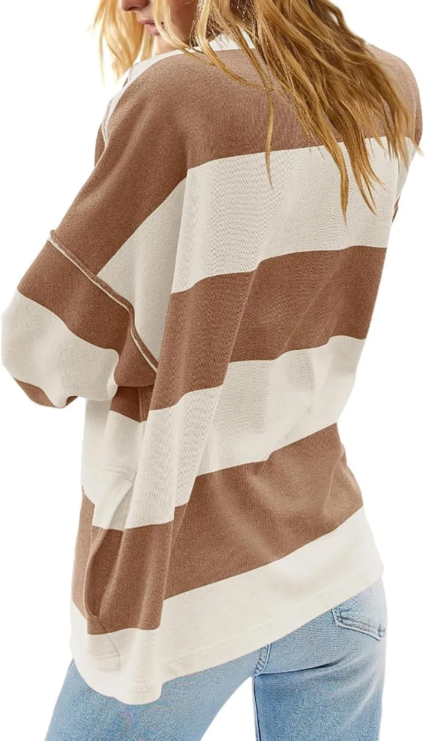 Oversized Half Zip Pullover Women Baggy Drop Shoulder Striped Sweatshirts Trendy Y2K Sweatshirt Fall Outfits w/Pocket