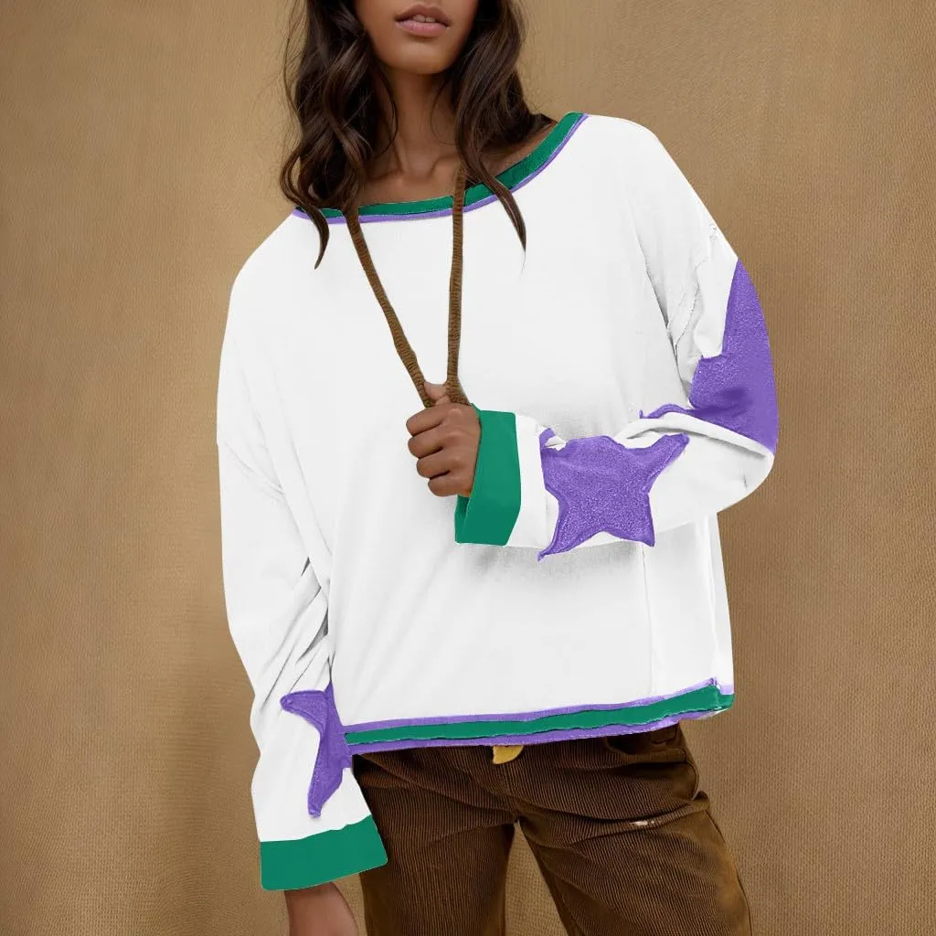 Oversized Star Sweatshirts For Women Fall Fashion 2024 Graphic Long Sleeve Crewneck Drop Shoulder Pullover Tops