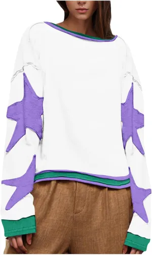 Oversized Star Sweatshirts For Women Fall Fashion 2024 Graphic Long Sleeve Crewneck Drop Shoulder Pullover Tops