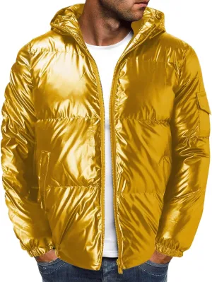 peqiut Mens Fleece Jacket Trendy Color Cotton Solid Men's Padded Reflective Shiny Coat Mens Down Jacket Outwear with Pocket