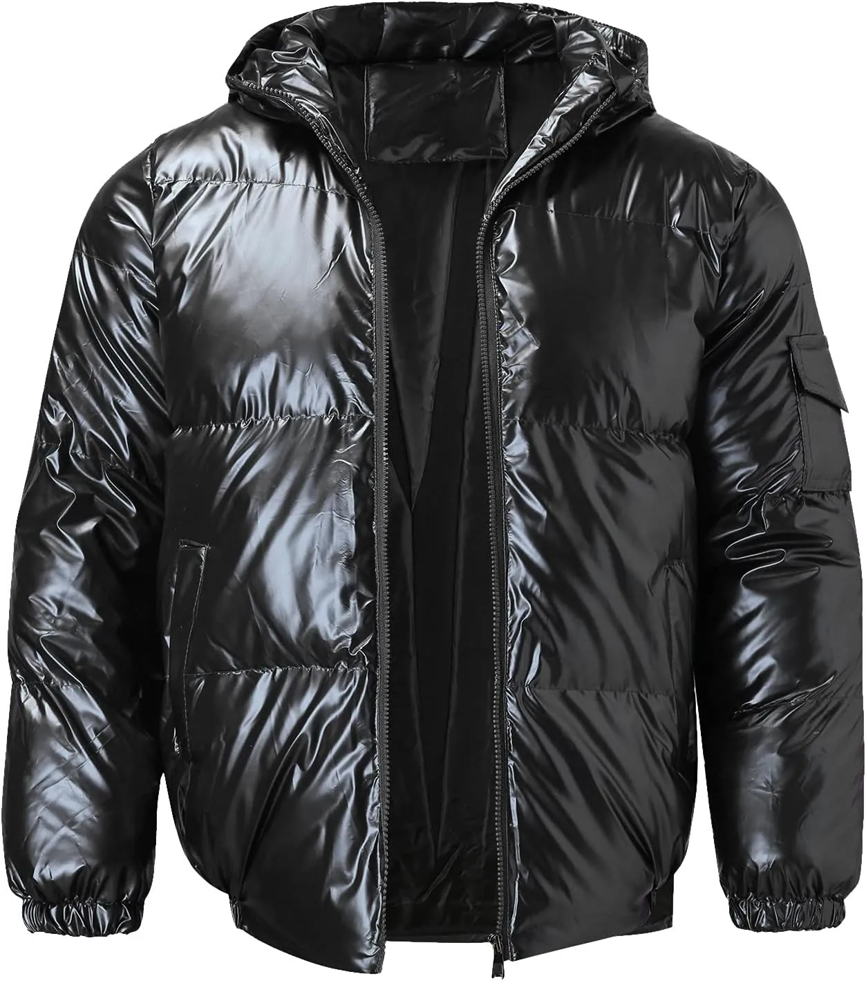 peqiut Mens Fleece Jacket Trendy Color Cotton Solid Men's Padded Reflective Shiny Coat Mens Down Jacket Outwear with Pocket