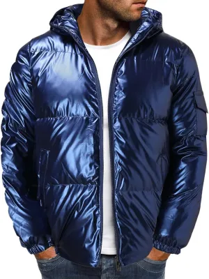 peqiut Mens Fleece Jacket Trendy Color Cotton Solid Men's Padded Reflective Shiny Coat Mens Down Jacket Outwear with Pocket