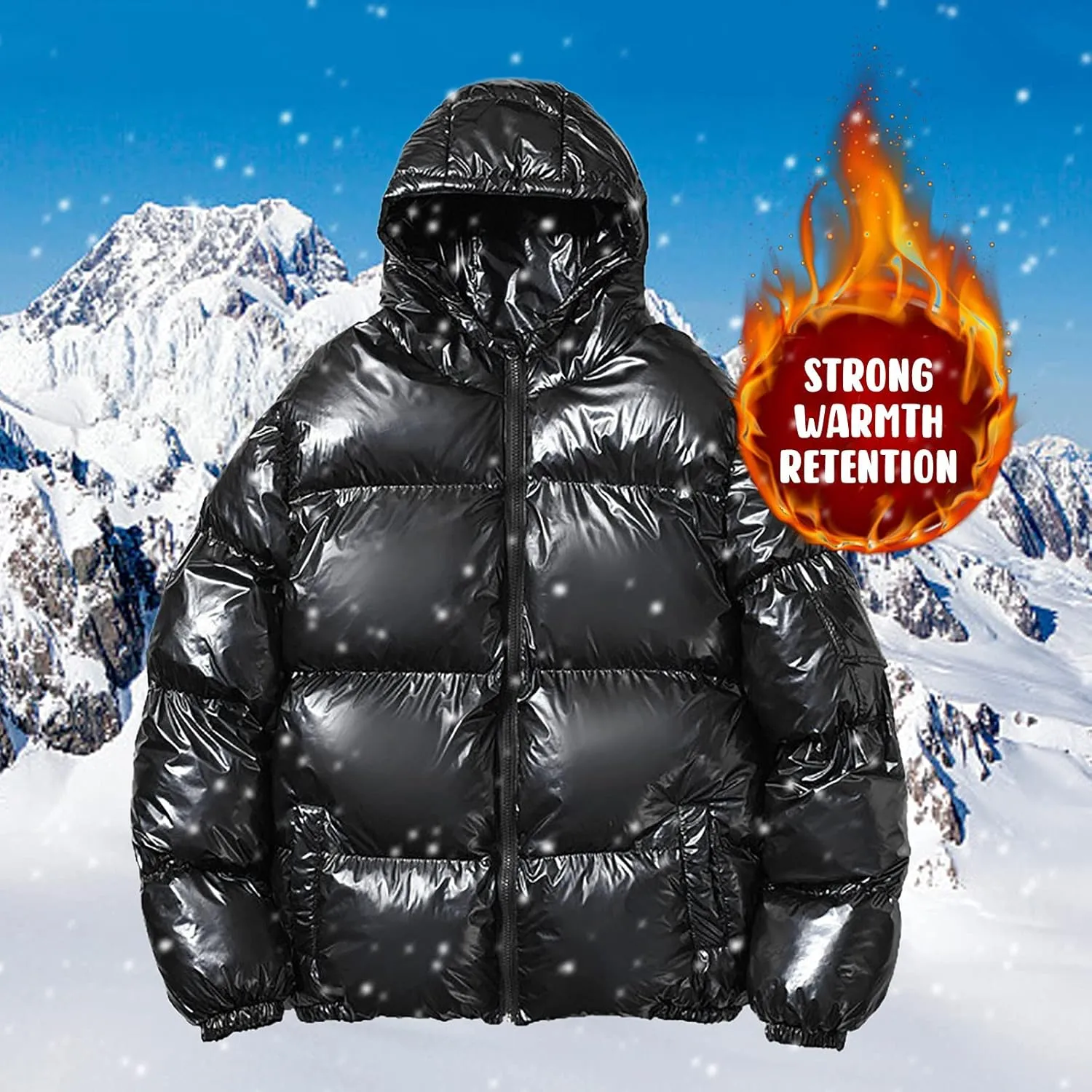peqiut Mens Fleece Jacket Trendy Color Cotton Solid Men's Padded Reflective Shiny Coat Mens Down Jacket Outwear with Pocket
