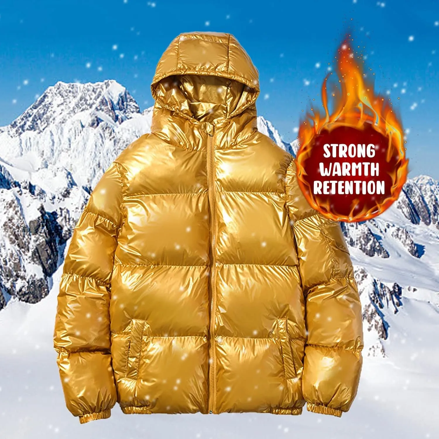 peqiut Mens Fleece Jacket Trendy Color Cotton Solid Men's Padded Reflective Shiny Coat Mens Down Jacket Outwear with Pocket