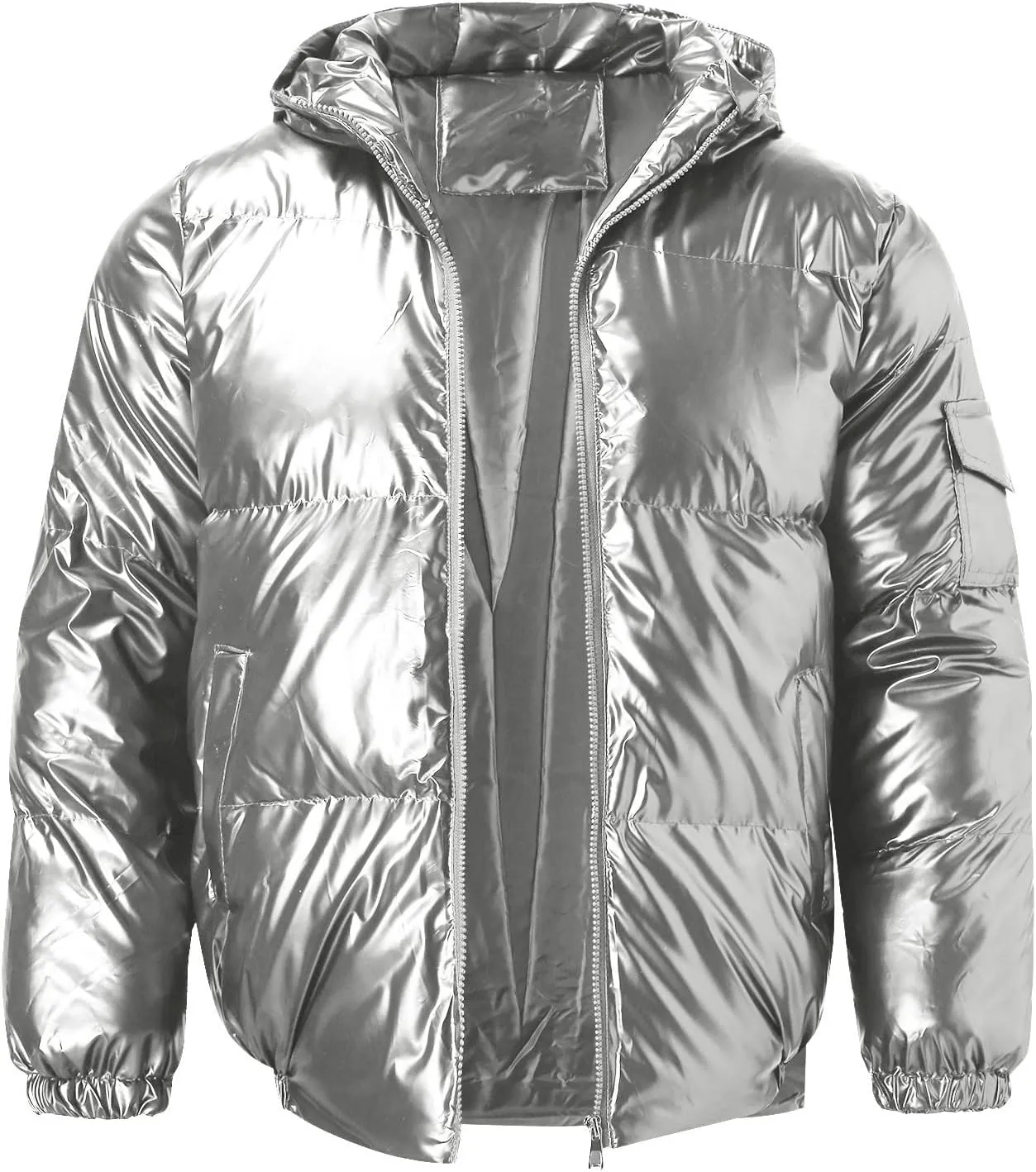 peqiut Mens Fleece Jacket Trendy Color Cotton Solid Men's Padded Reflective Shiny Coat Mens Down Jacket Outwear with Pocket