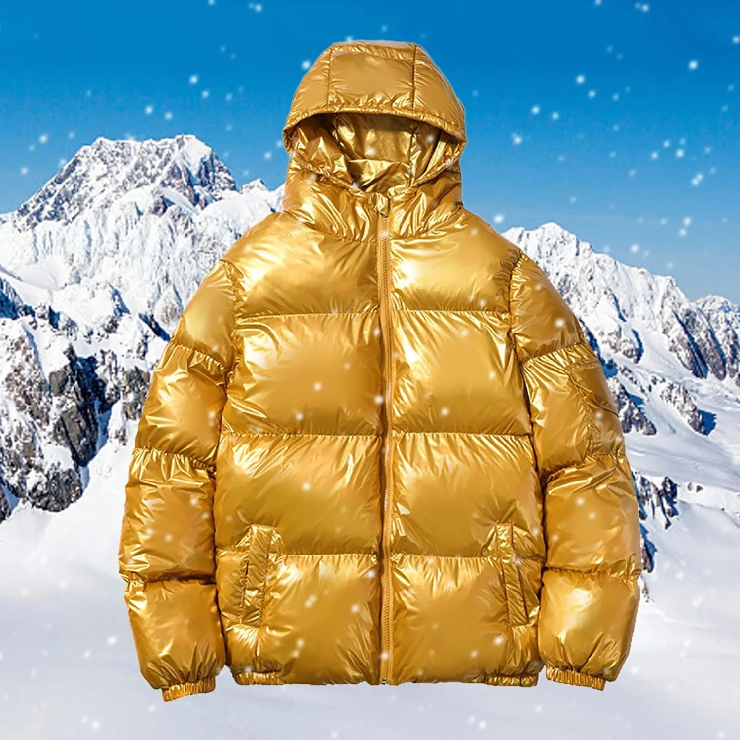 peqiut Mens Fleece Jacket Trendy Color Cotton Solid Men's Padded Reflective Shiny Coat Mens Down Jacket Outwear with Pocket