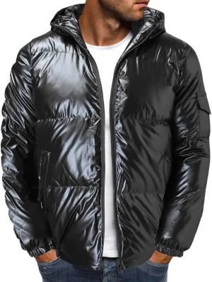 peqiut Mens Fleece Jacket Trendy Color Cotton Solid Men's Padded Reflective Shiny Coat Mens Down Jacket Outwear with Pocket