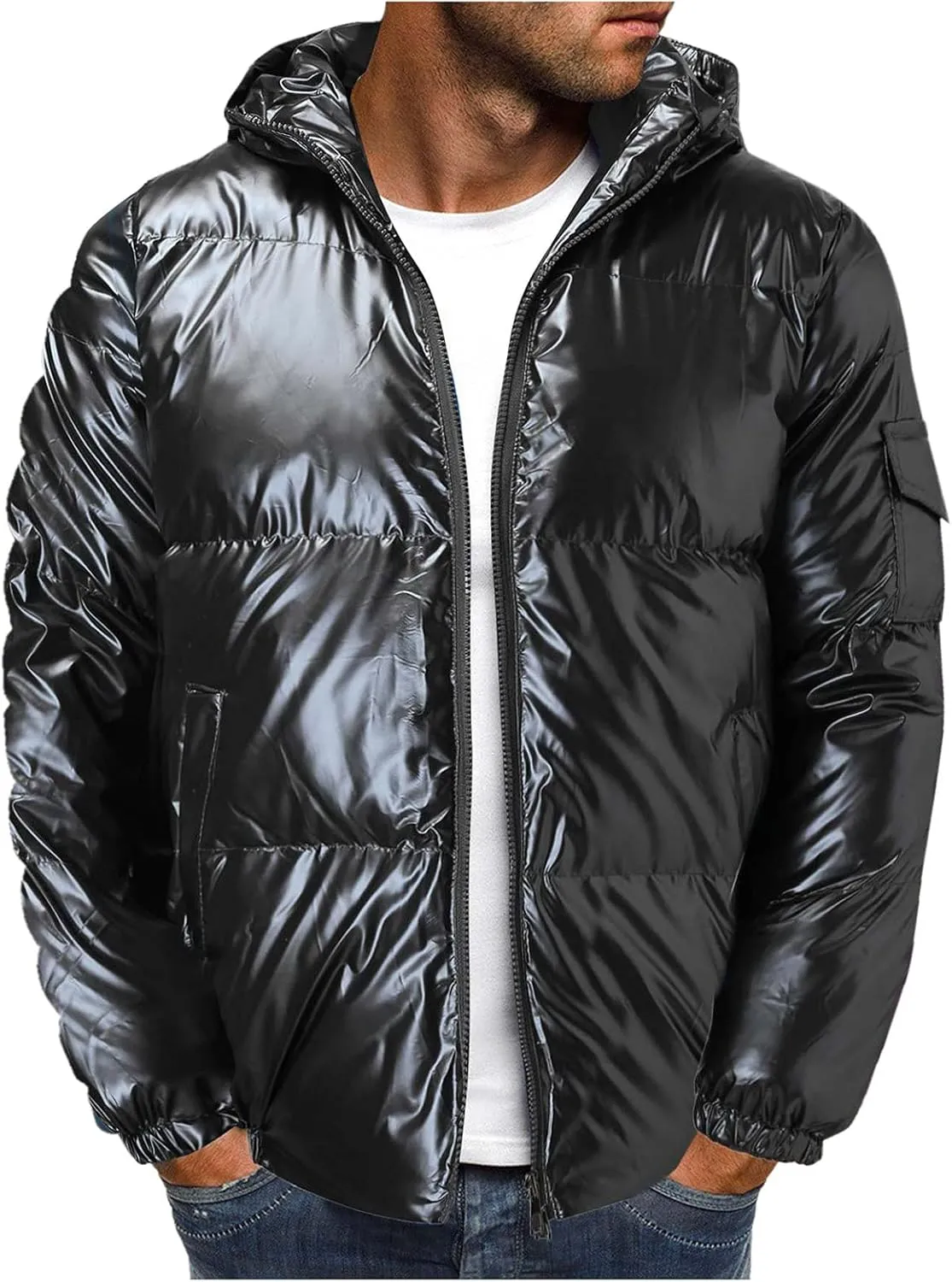 peqiut Mens Fleece Jacket Trendy Color Cotton Solid Men's Padded Reflective Shiny Coat Mens Down Jacket Outwear with Pocket