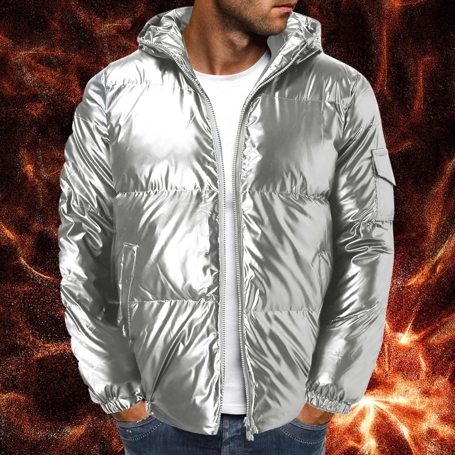 peqiut Mens Fleece Jacket Trendy Color Cotton Solid Men's Padded Reflective Shiny Coat Mens Down Jacket Outwear with Pocket