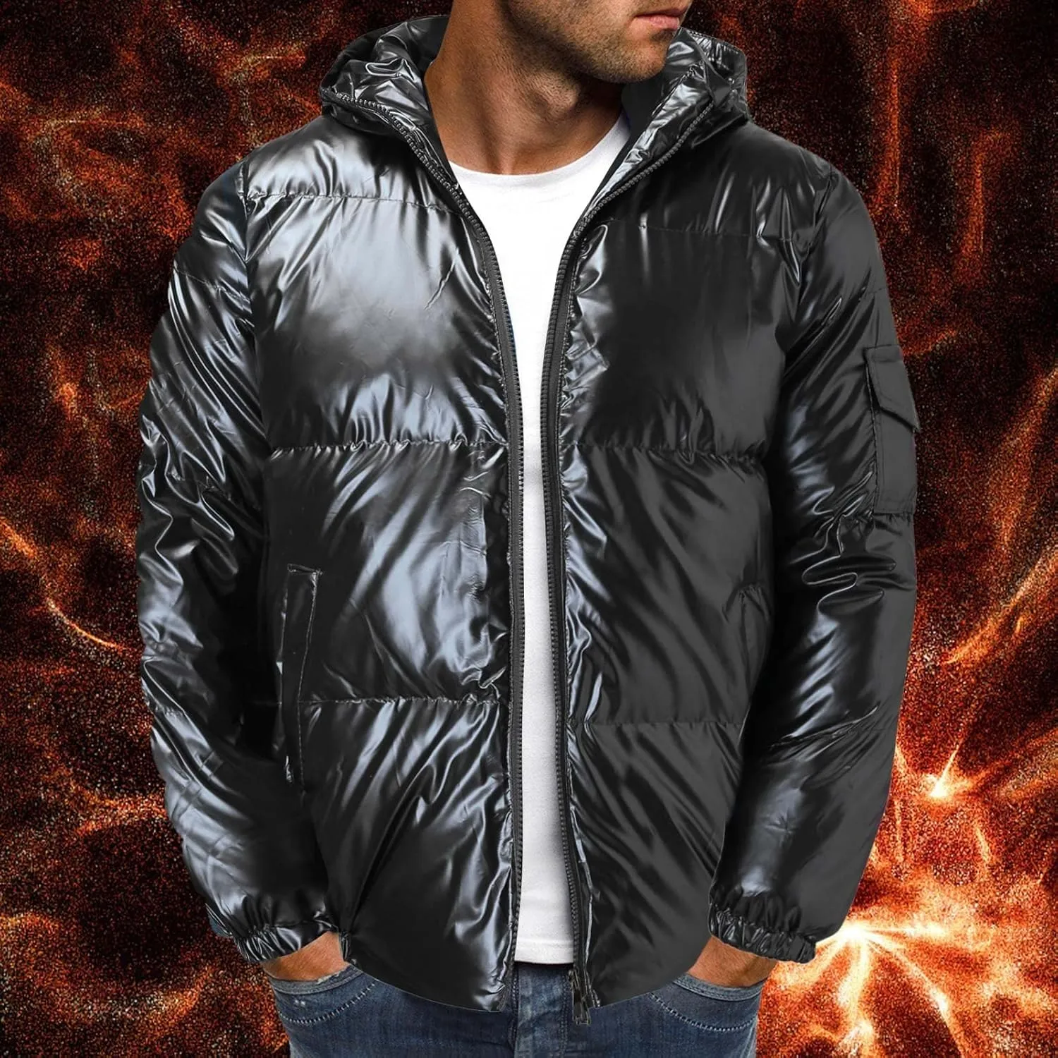 peqiut Mens Fleece Jacket Trendy Color Cotton Solid Men's Padded Reflective Shiny Coat Mens Down Jacket Outwear with Pocket