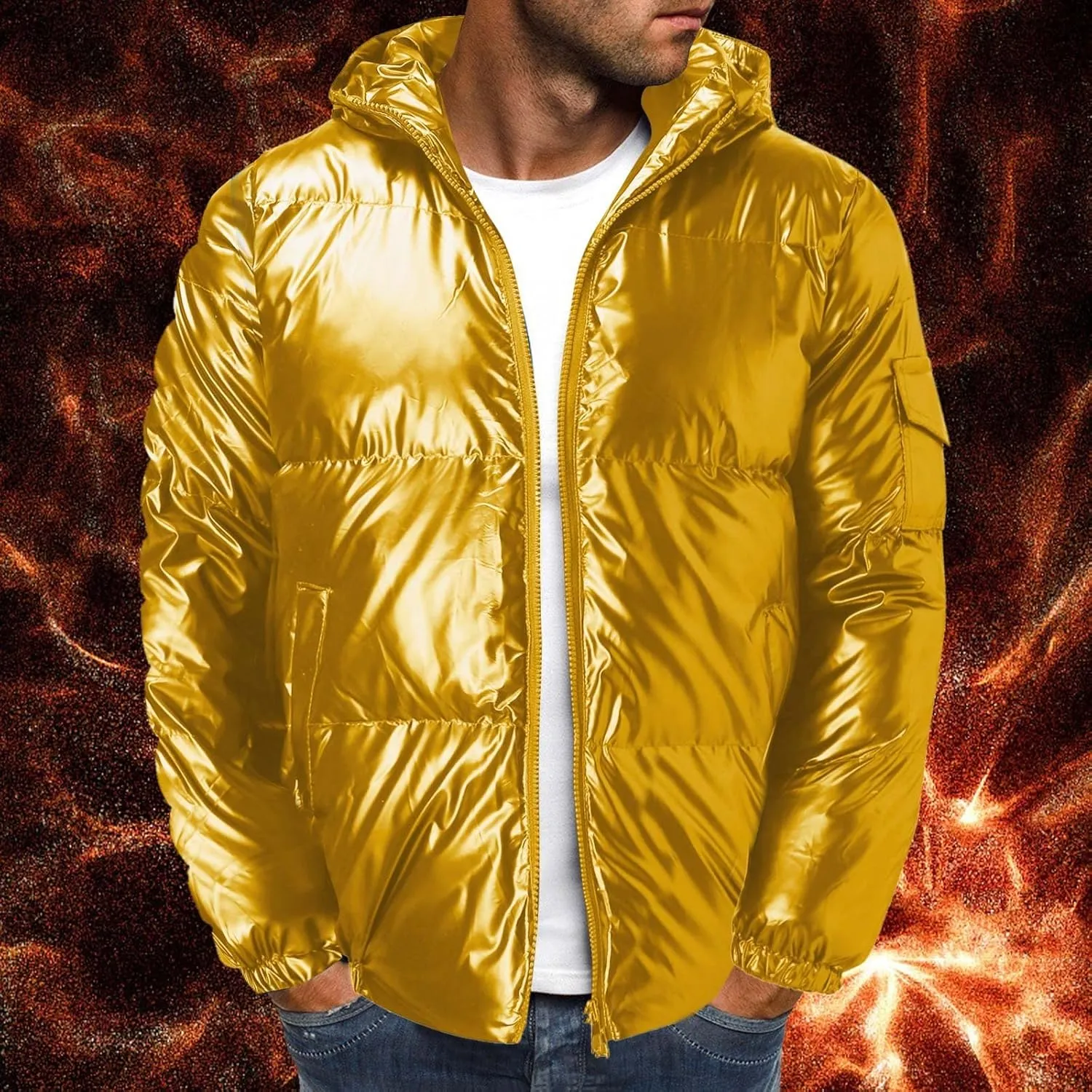 peqiut Mens Fleece Jacket Trendy Color Cotton Solid Men's Padded Reflective Shiny Coat Mens Down Jacket Outwear with Pocket