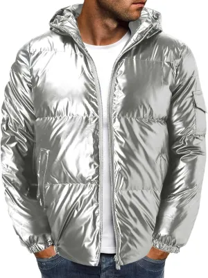 peqiut Mens Fleece Jacket Trendy Color Cotton Solid Men's Padded Reflective Shiny Coat Mens Down Jacket Outwear with Pocket