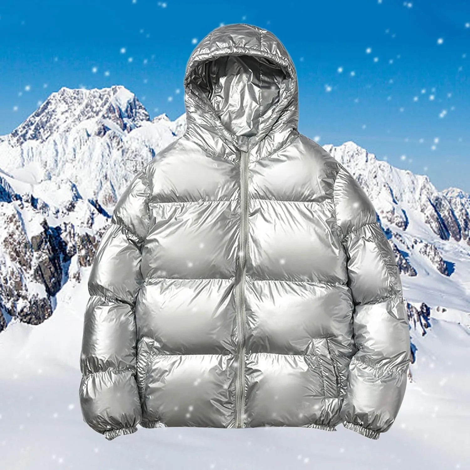 peqiut Mens Fleece Jacket Trendy Color Cotton Solid Men's Padded Reflective Shiny Coat Mens Down Jacket Outwear with Pocket