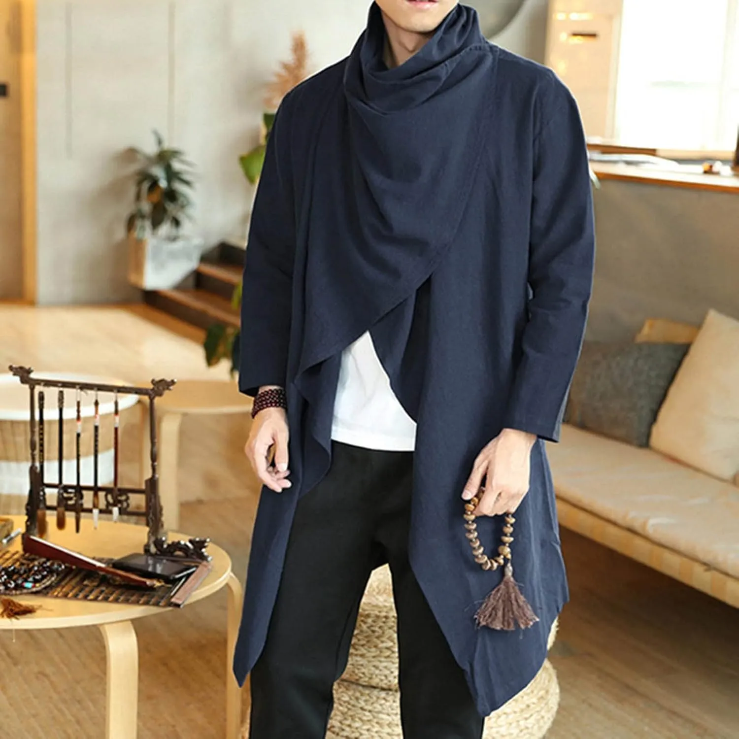peqiut Mens Jacket Linen Cape Long Sleeve Thin Mens Winter Jackets Fashion Solid Color Cloak Coats with Pockets Comfort
