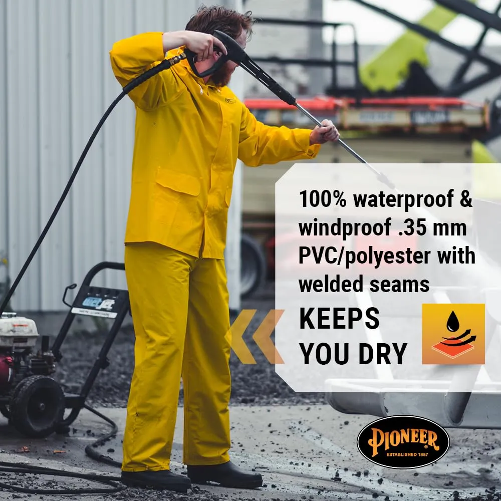Pioneer Waterproof PVC Work Suit for Men  Repel Rain Gear Yellow Safety Jacket and Bib Pants - 3 PC Set With Detachable Hood