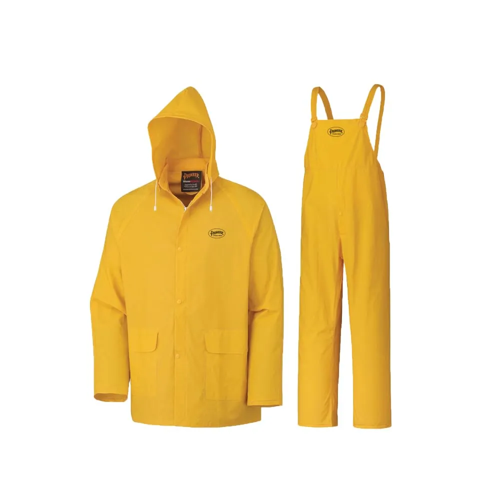 Pioneer Waterproof PVC Work Suit for Men  Repel Rain Gear Yellow Safety Jacket and Bib Pants - 3 PC Set With Detachable Hood