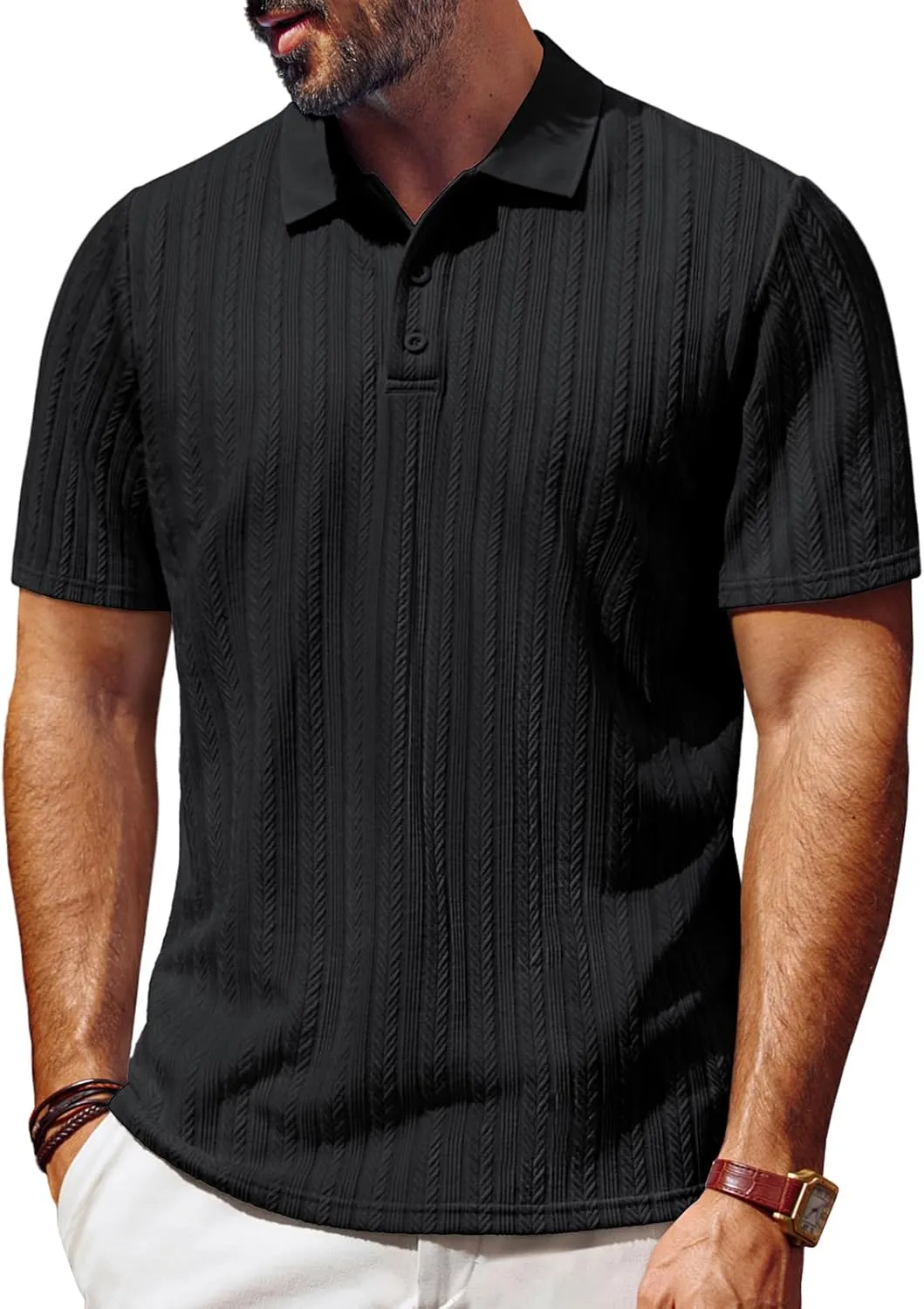 PJ PAUL JONES Mens Polo Shirts Short Sleeve Fashion Textured Polo Shirt Regular Fit Stretchy Golf Shirts