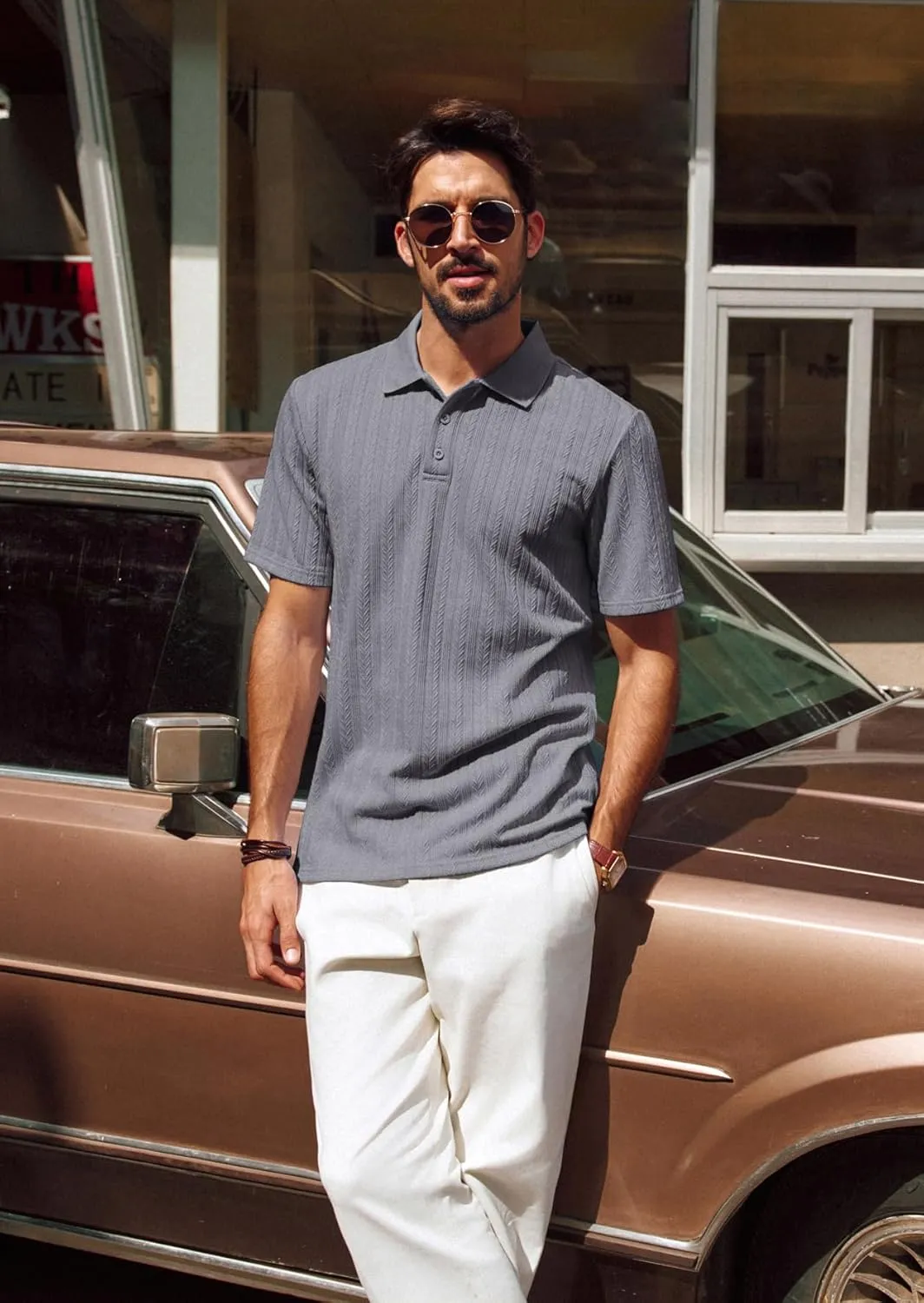 PJ PAUL JONES Mens Polo Shirts Short Sleeve Fashion Textured Polo Shirt Regular Fit Stretchy Golf Shirts