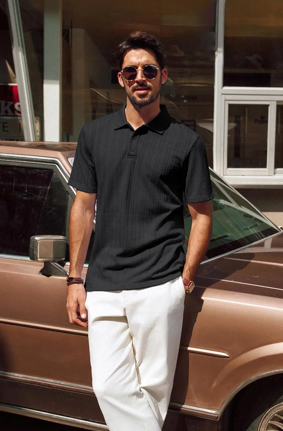PJ PAUL JONES Mens Polo Shirts Short Sleeve Fashion Textured Polo Shirt Regular Fit Stretchy Golf Shirts