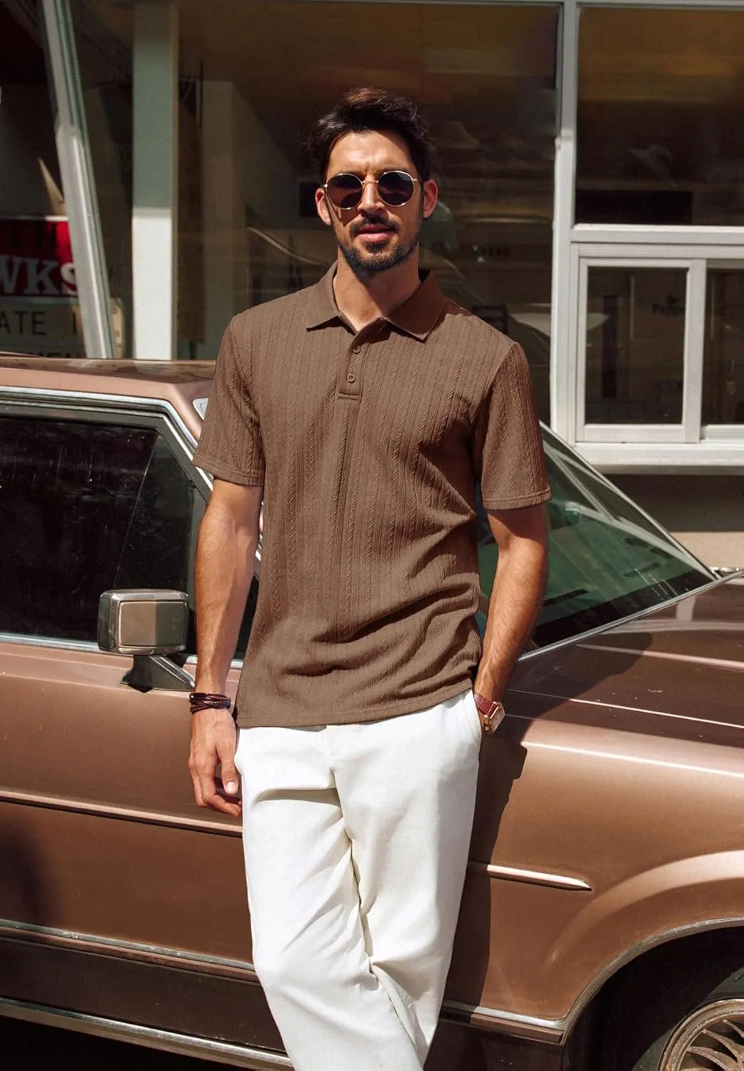 PJ PAUL JONES Mens Polo Shirts Short Sleeve Fashion Textured Polo Shirt Regular Fit Stretchy Golf Shirts