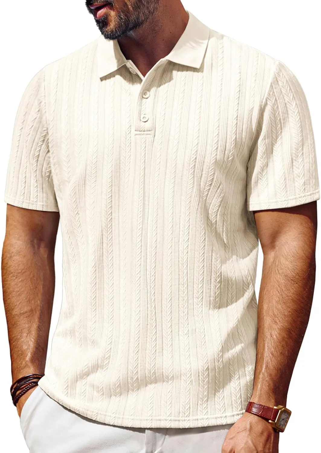 PJ PAUL JONES Mens Polo Shirts Short Sleeve Fashion Textured Polo Shirt Regular Fit Stretchy Golf Shirts