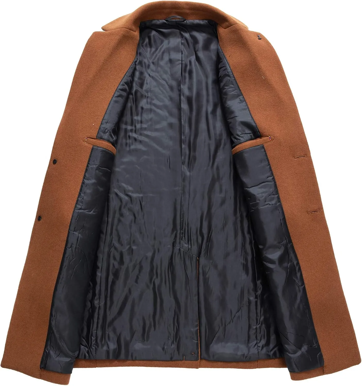 PRIJOUHE Men's Wool Trench Coat Single Breasted Slim Fit Mid-Length Notched Collar Winter Overcoat Quilted Pea Coats