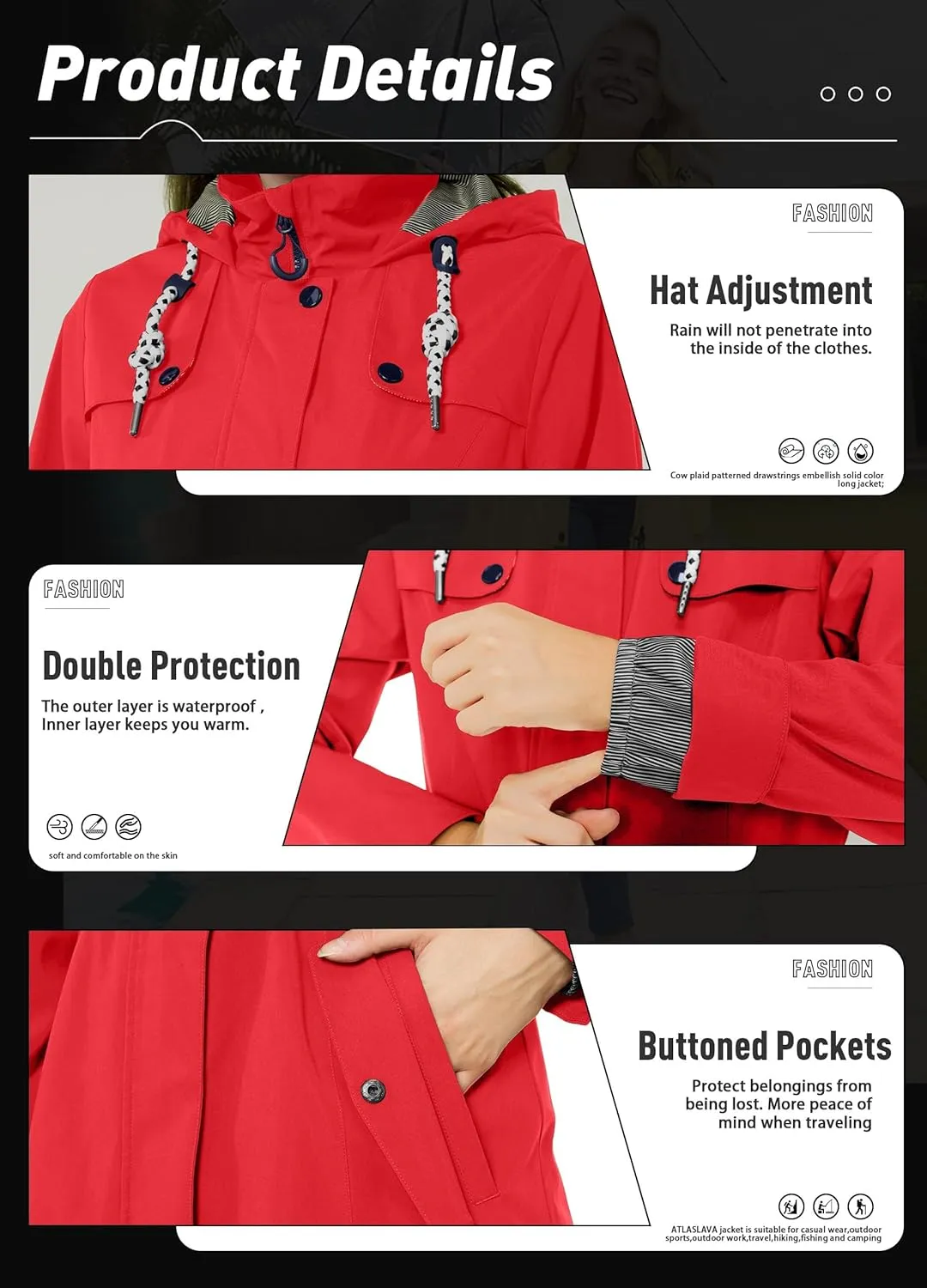 Rain Jacket Women Waterproof Long Lightweight Raincoat Hooded Windbreaker Outdoor Trench Coat
