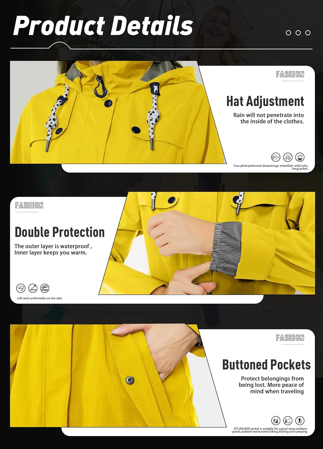 Rain Jacket Women Waterproof Long Lightweight Raincoat Hooded Windbreaker Outdoor Trench Coat