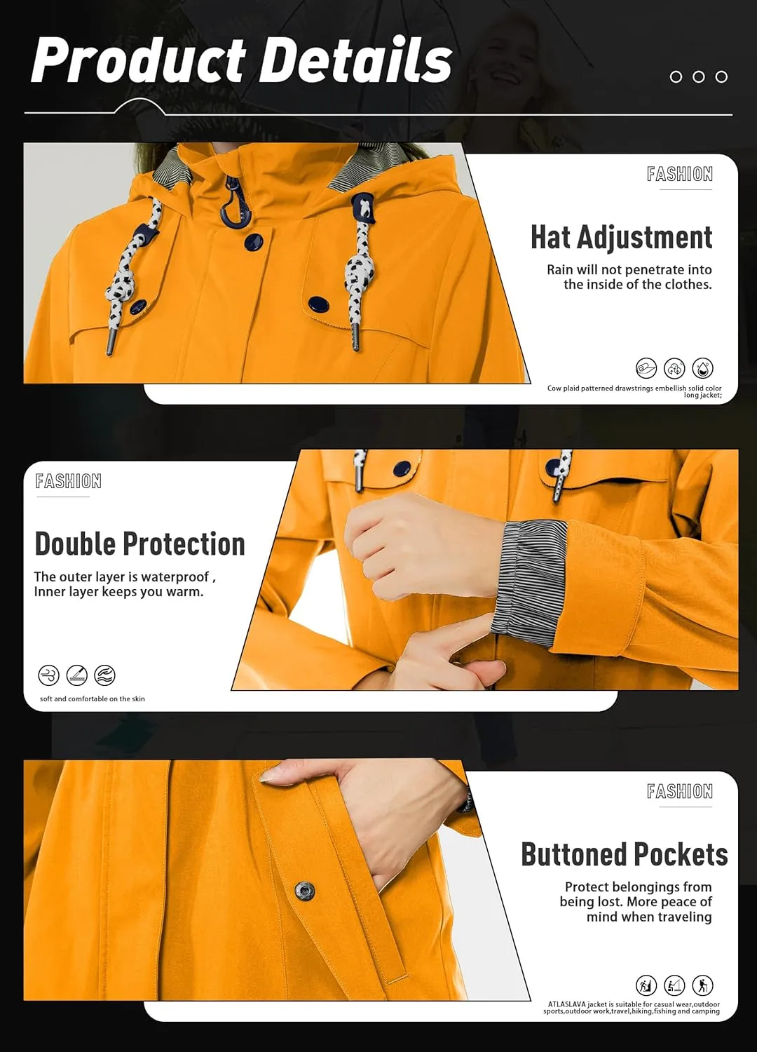 Rain Jacket Women Waterproof Long Lightweight Raincoat Hooded Windbreaker Outdoor Trench Coat