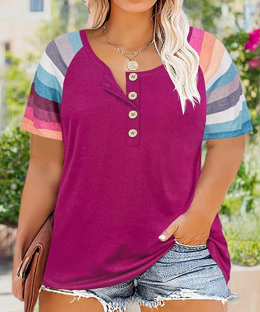 RITERA Womens Plus Size Shirts Short Sleeve Tops Basic Crewneck T Shirts Button Tee XL-5XL
