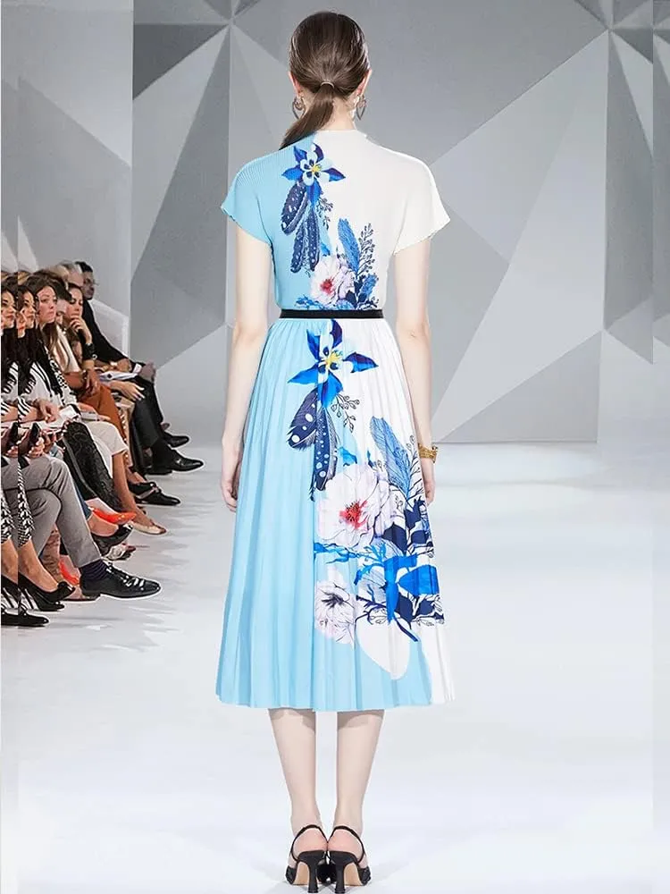 Runway Two Piece Skirt Suit Women Stretchy Pullover Tops   Midi Pleated A Line Skirts Lady Summer