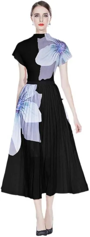 Runway Two Piece Skirt Suit Women Stretchy Pullover Tops   Midi Pleated A Line Skirts Lady Summer
