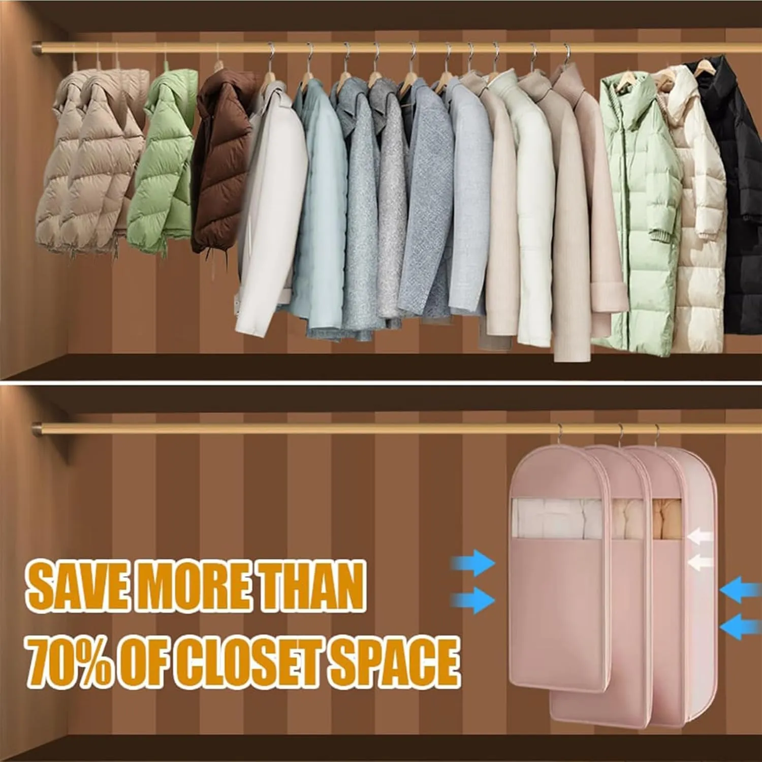 Self-Compression Hanging Garment Bag - Space Saving Clothes Storage for Coats & Jackets, Waterproof Dustproof Cover with Clear Window, No Vacuum Needed (M/L/XL) (White,Small)