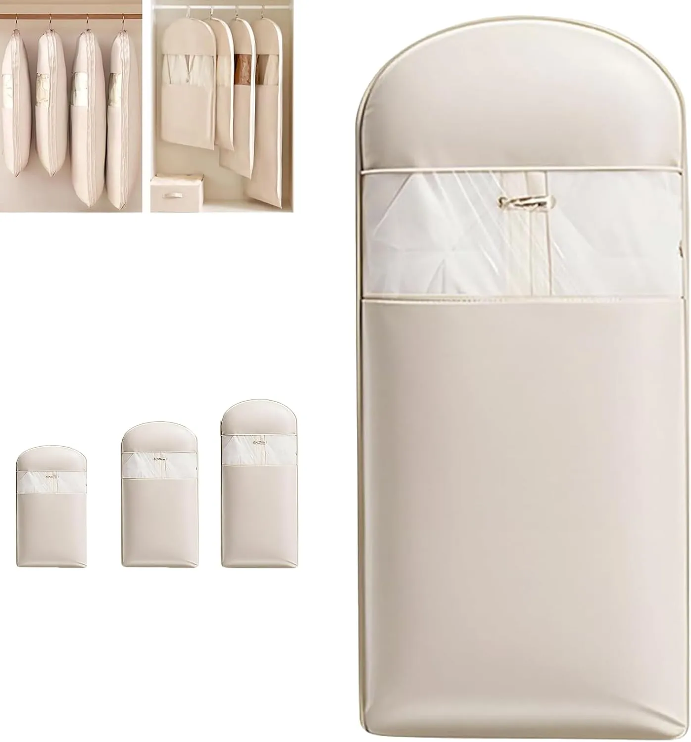 Self-Compression Hanging Garment Bag - Space Saving Clothes Storage for Coats & Jackets, Waterproof Dustproof Cover with Clear Window, No Vacuum Needed (M/L/XL) (White,Small)