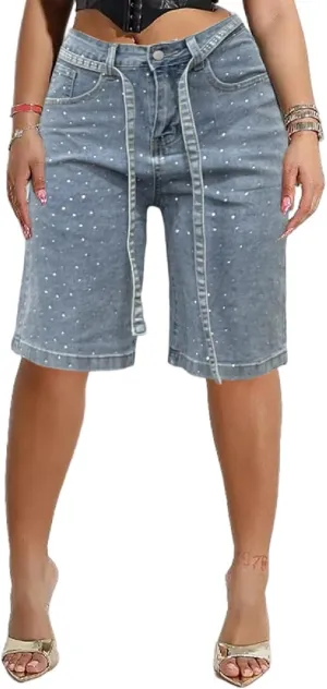 Seltaon Women's Ripped Denim Destroyed Mid Rise Stretchy Bermuda Shorts Jeans Summer Hot Pants