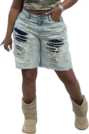 Seltaon Women's Ripped Denim Destroyed Mid Rise Stretchy Bermuda Shorts Jeans Summer Hot Pants