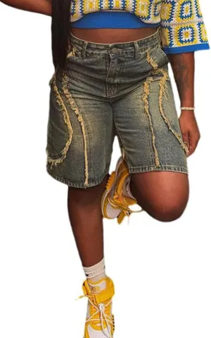 Seltaon Women's Ripped Denim Destroyed Mid Rise Stretchy Bermuda Shorts Jeans Summer Hot Pants