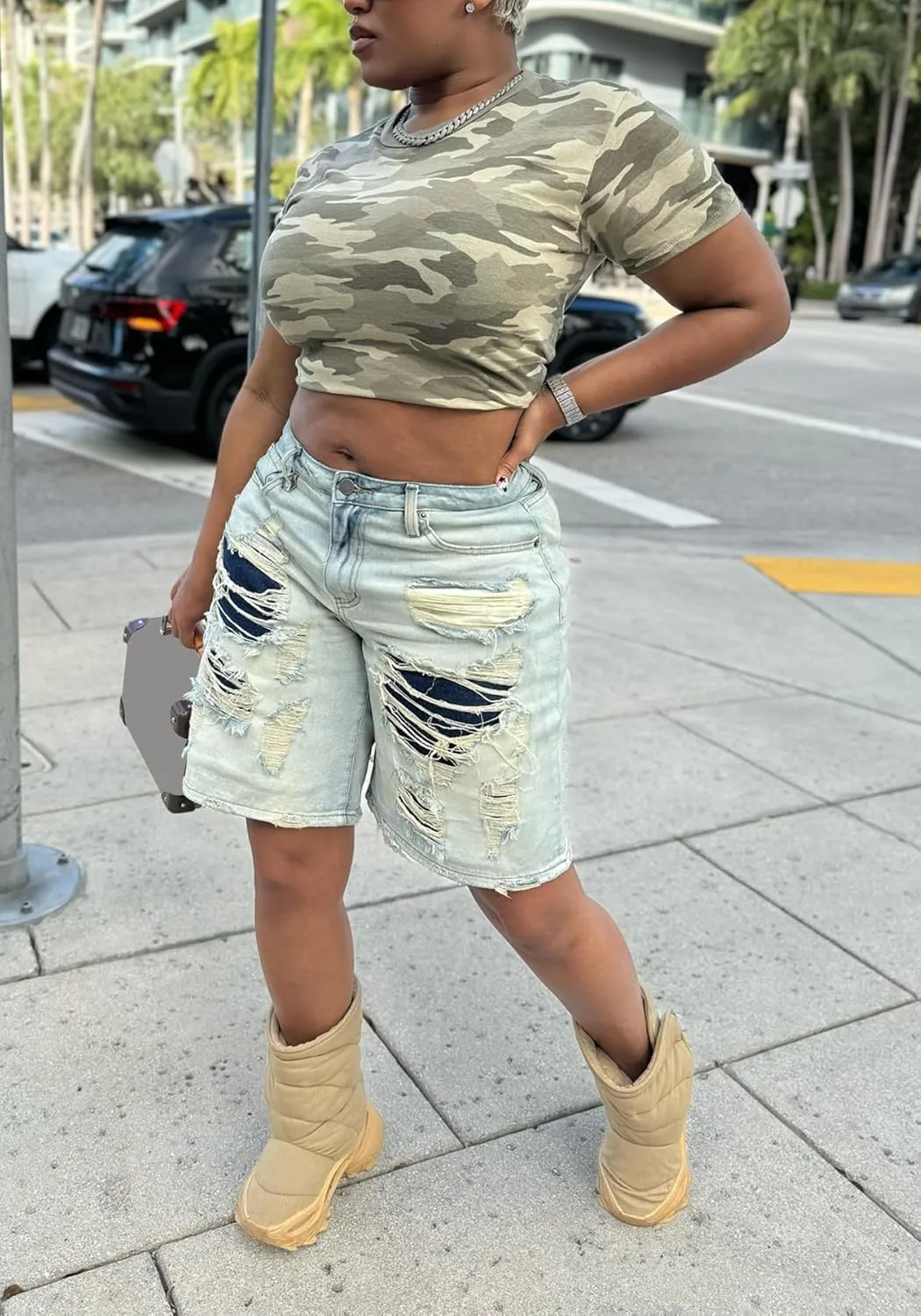 Seltaon Women's Ripped Denim Destroyed Mid Rise Stretchy Bermuda Shorts Jeans Summer Hot Pants