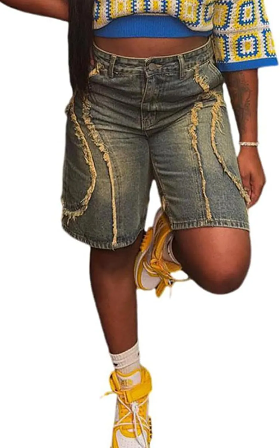 Seltaon Women's Ripped Denim Destroyed Mid Rise Stretchy Bermuda Shorts Jeans Summer Hot Pants