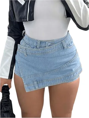 SHENHE Women's Vintage Mini Denim Skorts Wrap Overlay Irregular Stretchy Cargo Shorts