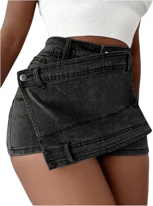SHENHE Women's Vintage Mini Denim Skorts Wrap Overlay Irregular Stretchy Cargo Shorts