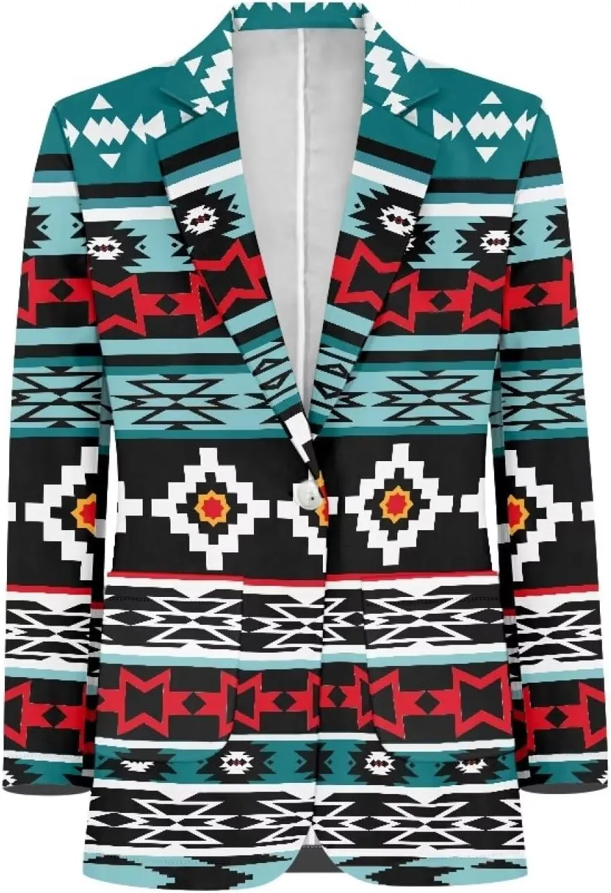 Southwest Ethnic Aztec Geometric Casual Hawaiian Blazers Women's Lapel One Button Blazers Vacation Outfits