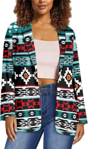 Southwest Ethnic Aztec Geometric Casual Hawaiian Blazers Women's Lapel One Button Blazers Vacation Outfits