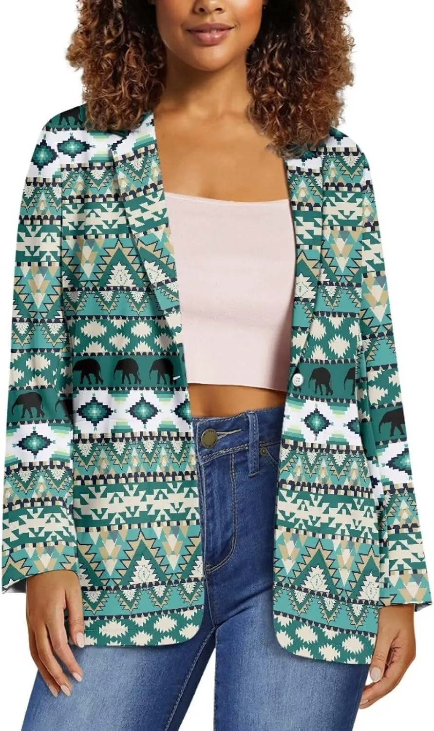 Southwest Ethnic Aztec Geometric Casual Hawaiian Blazers Women's Lapel One Button Blazers Vacation Outfits